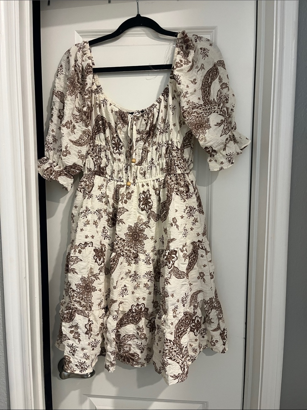 Women's Cream Midi Dress with Brown Floral Print